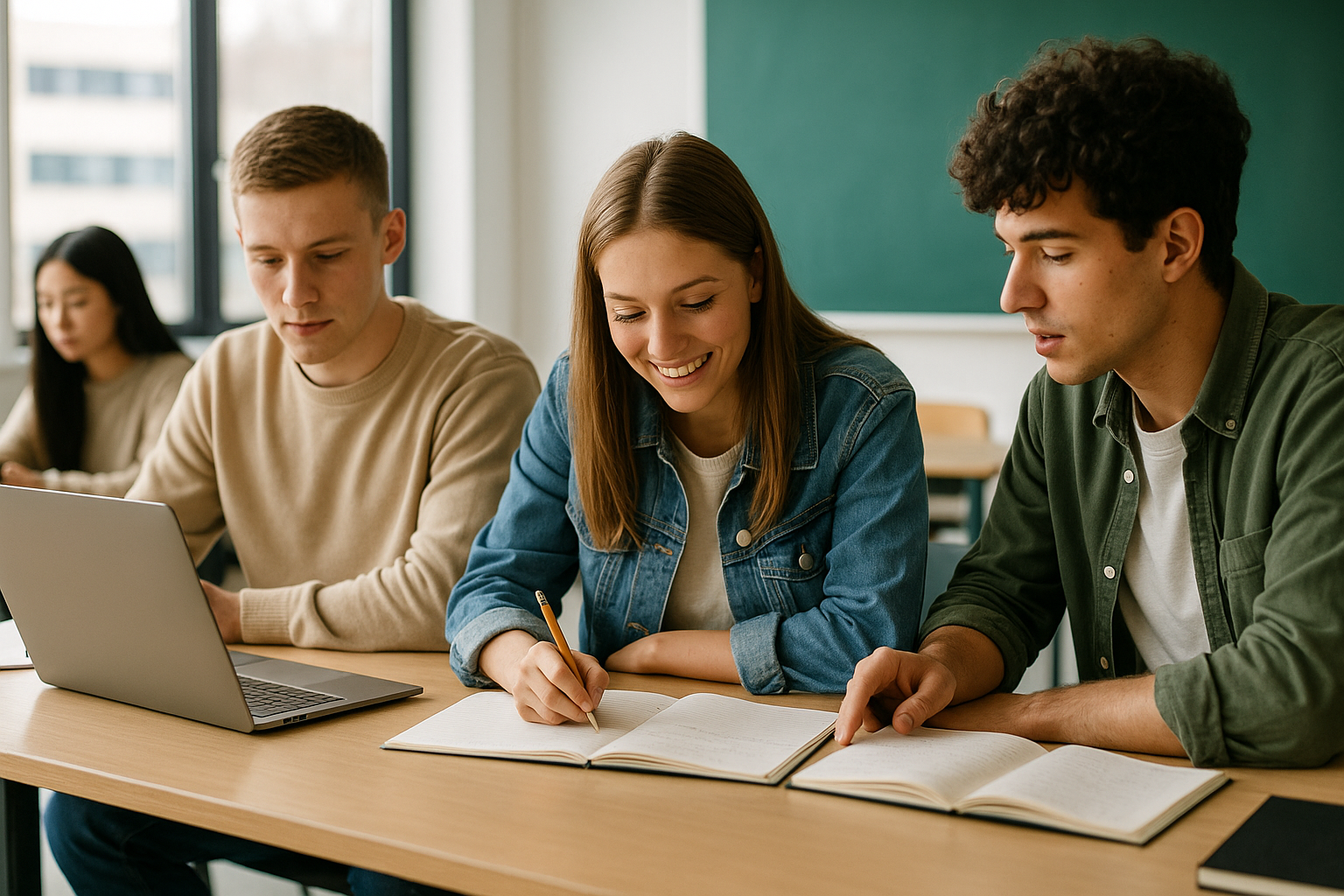 Studenti in aula che lavorano in gruppo a un progetto formativo con strumenti digitali