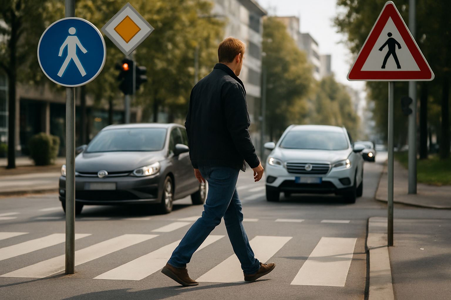 Attraversamento pedonale in città con auto che rallentano e segnaletica di sicurezza ben visibile