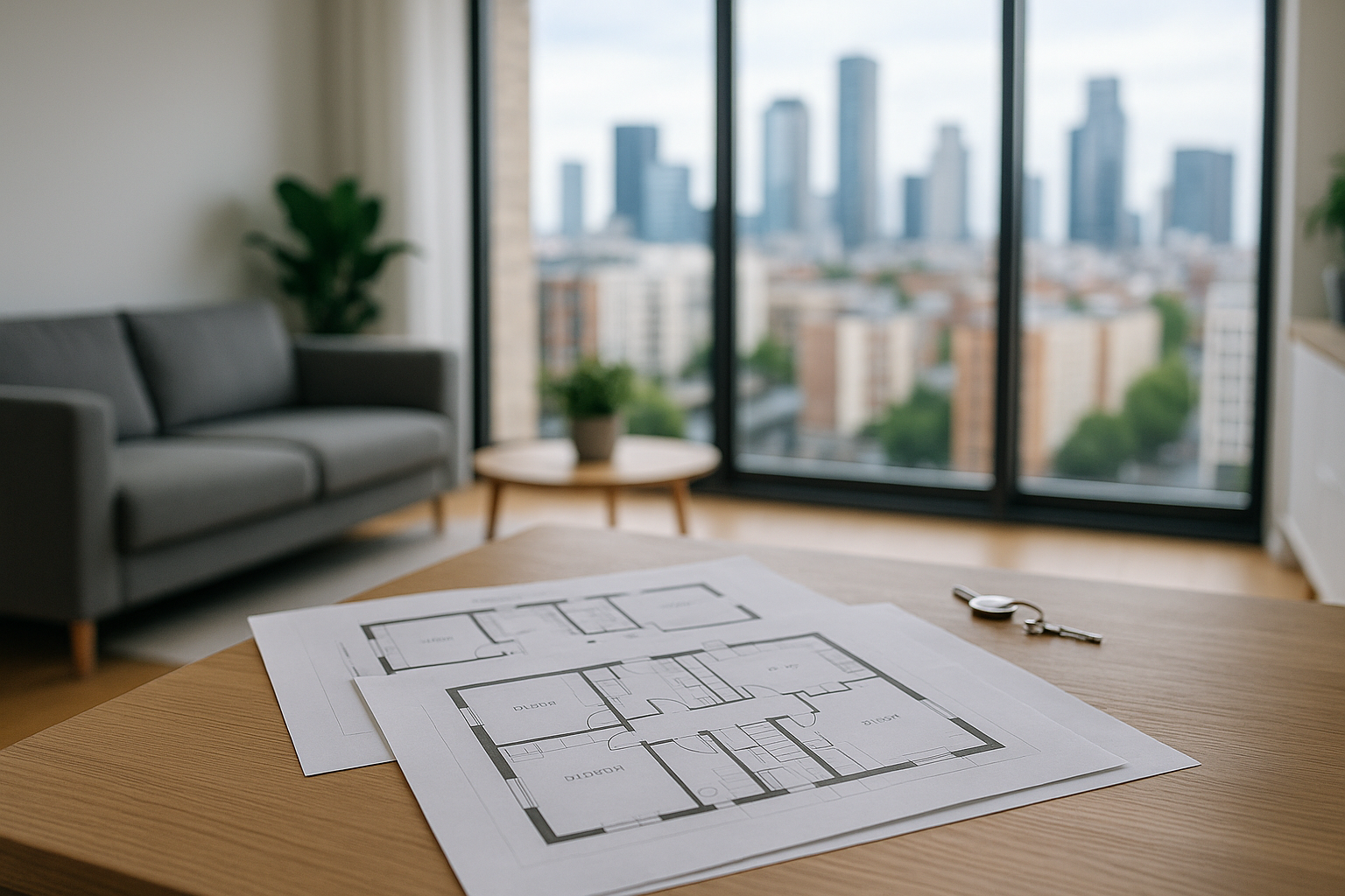 Panoramica di un appartamento luminoso con documenti immobiliari su un tavolo, simbolo di prezzi e disponibilità nel mercato immobiliare