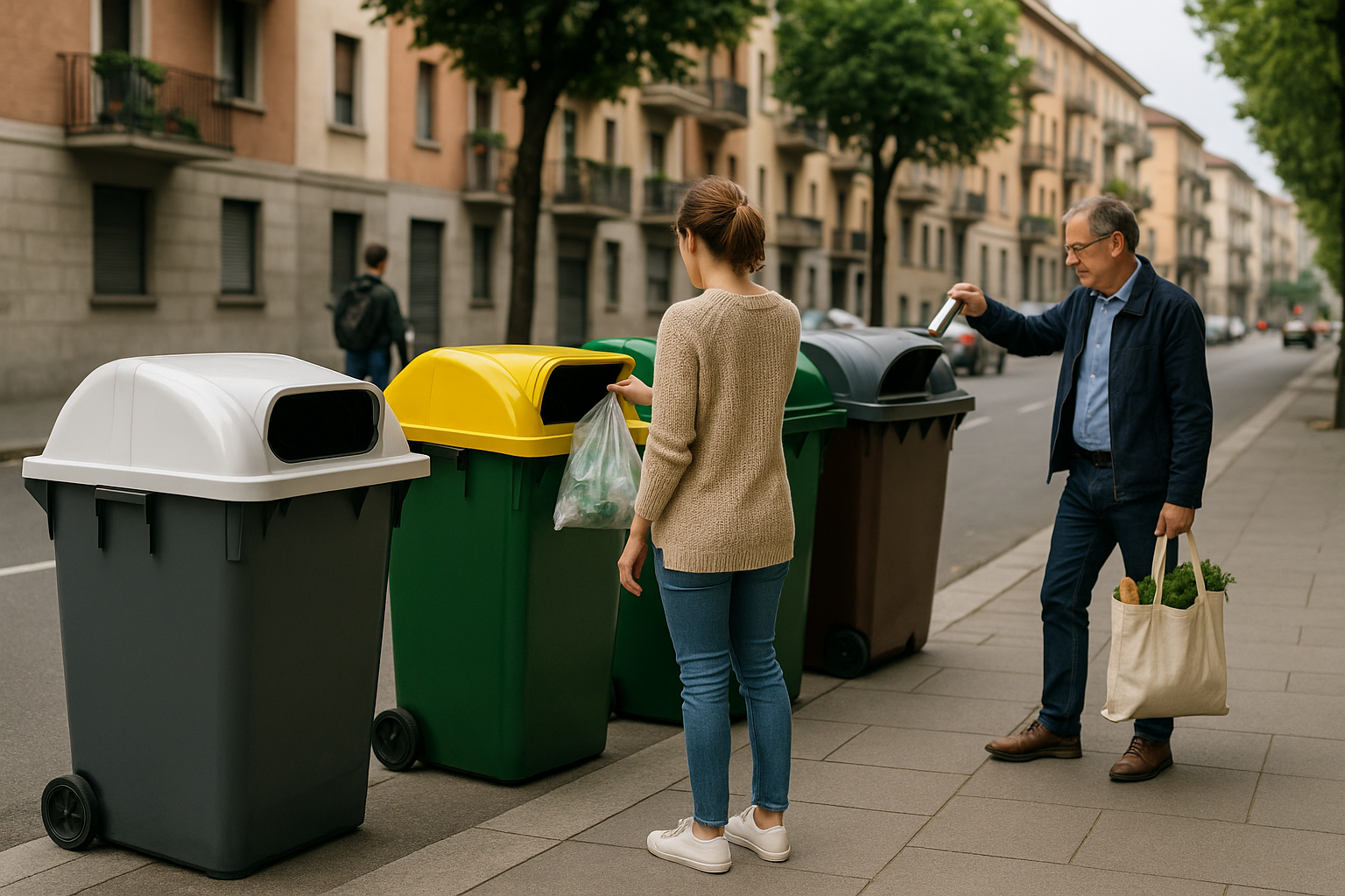 Cassonetti per la raccolta differenziata in una strada urbana con cittadini che conferiscono i rifiuti correttamente