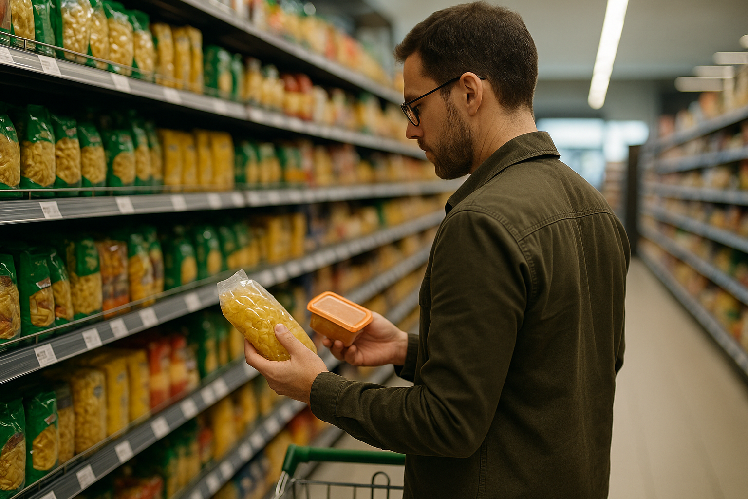 Cliente confronta prezzo unitario e formato di due prodotti sugli scaffali del supermercato
