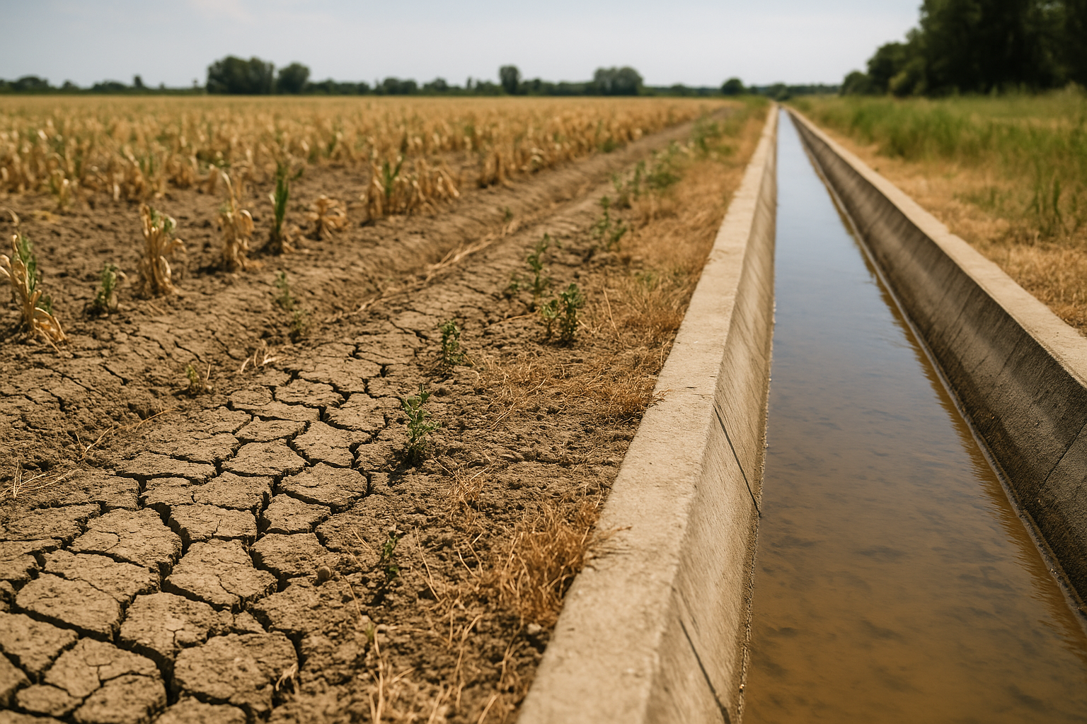Terreno agricolo arido con crepe e canale irriguo con livello dell’acqua basso durante un periodo di siccità