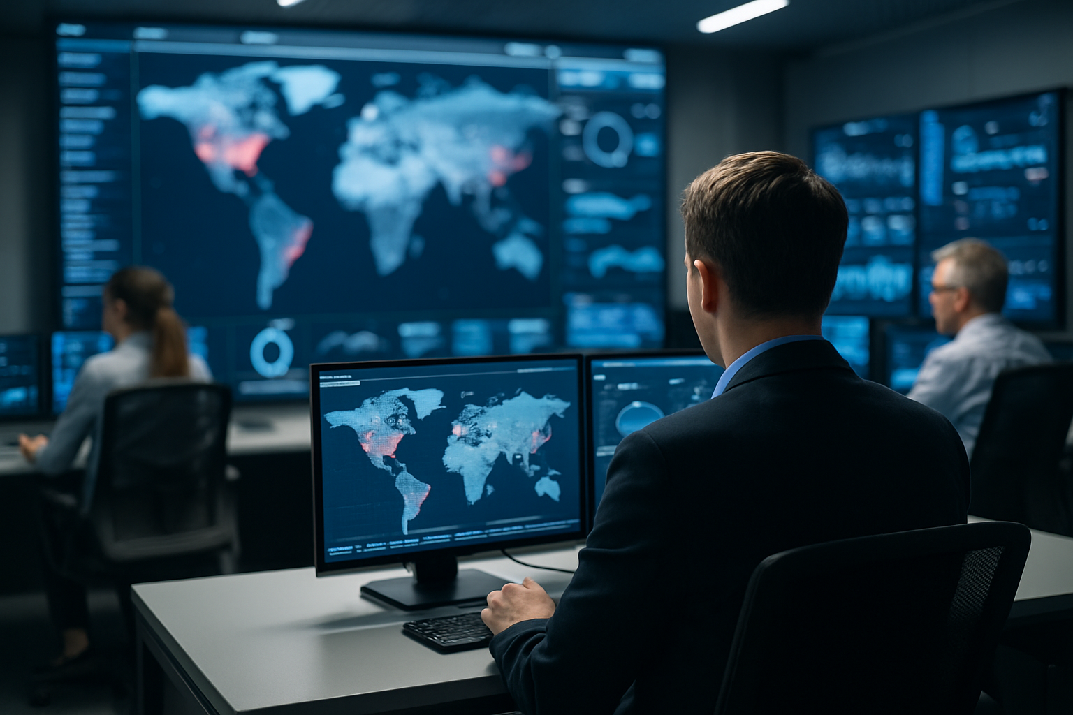 Operatori in una sala controllo che monitorano sistemi digitali di un servizio essenziale