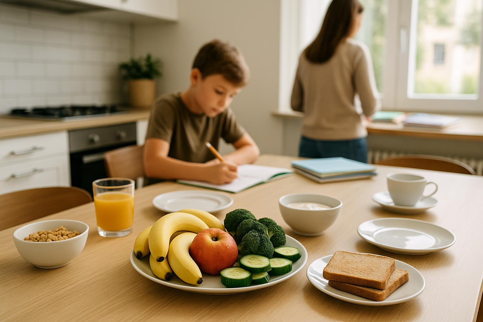 Tavolo con colazione equilibrata e materiali scolastici, simbolo di collaborazione tra scuola e famiglia sull’educazione alimentare