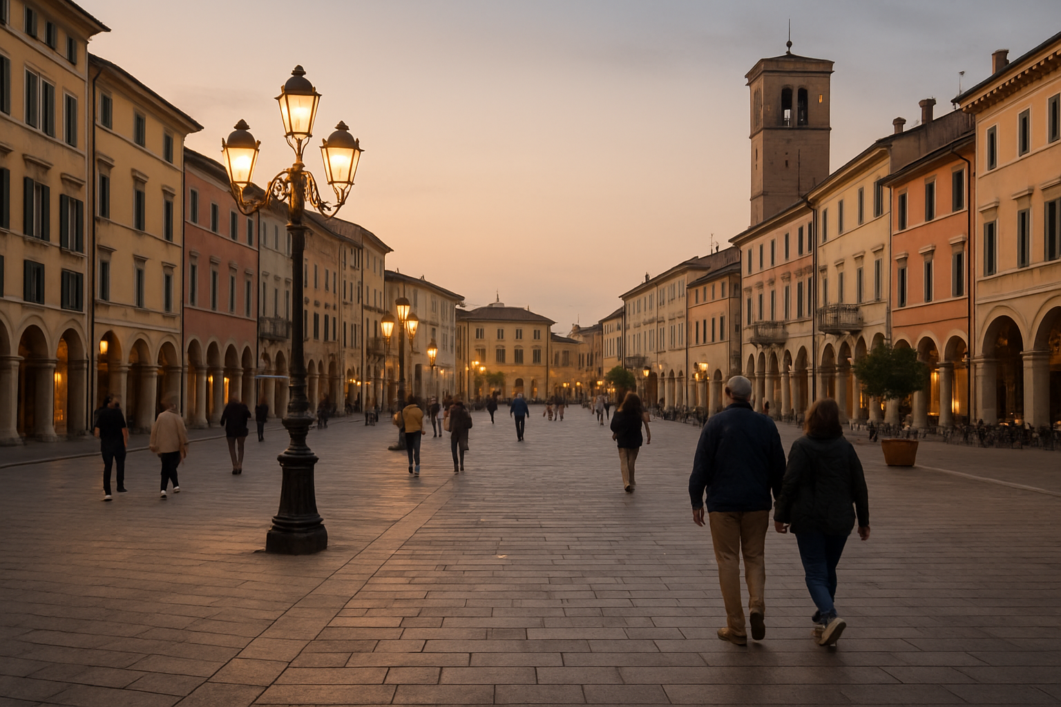 Piazza di centro storico con pavimentazione in pietra, illuminazione serale e passanti