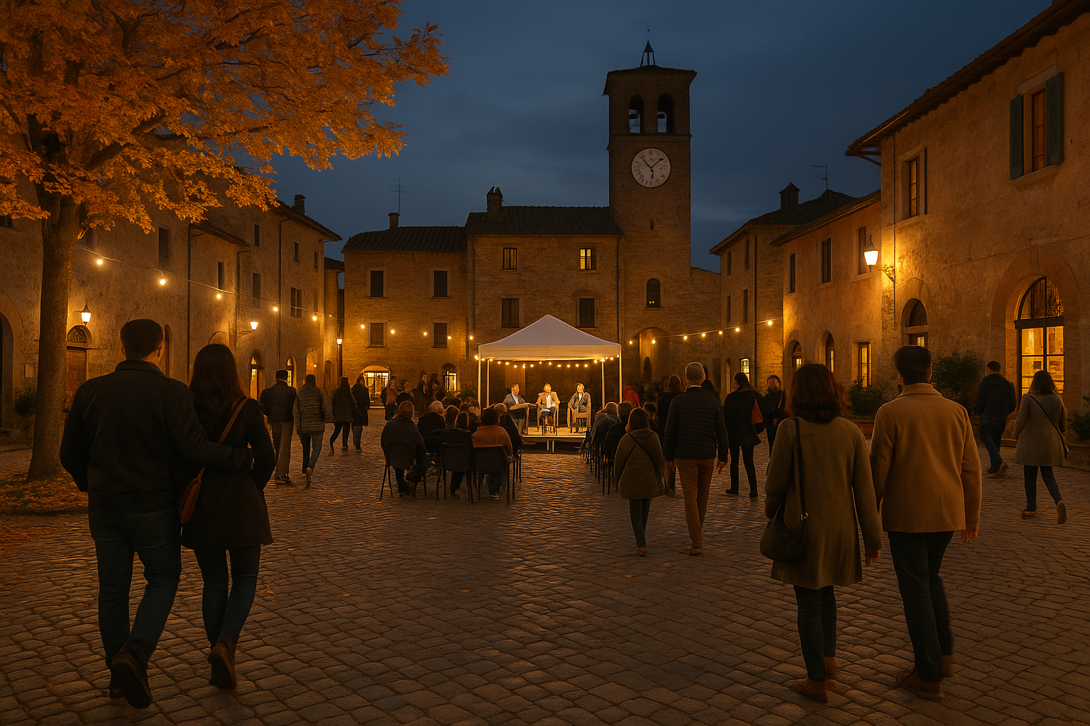 Piazza di un borgo in autunno durante una rassegna culturale serale con luci calde e visitatori